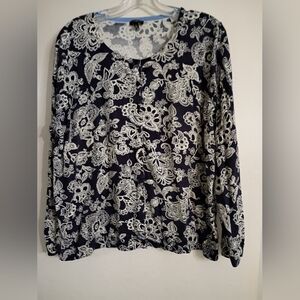 Talbots Navy and White Paisley Long-Sleeve  Cardigan Size 2X